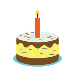 A round cake with candle and colorful sprinkles