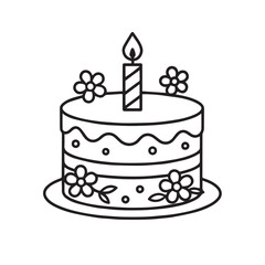 Floral Birthday Cake with Candle Line Art Icon, Black and White Outline Illustration