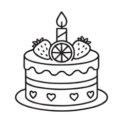 Birthday Cake with Strawberry, Orange Slice and Candle Line Art Icon, Black and White Outline Illustration