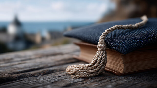 Macro-style close-up of a graduation cap resting securely on a pile of study books, fabric fibers and book spines sharply rendered, background softly blurred, professional and moti