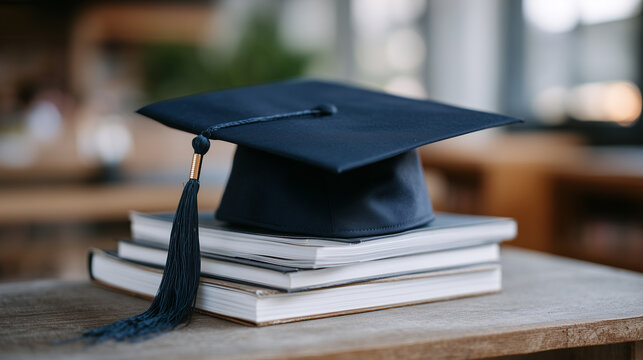 Studio-lit close-up of a graduation cap resting on multiple hardcover books, refined academic aesthetic, smooth fabric surface, slightly worn book corners, balanced composition wit