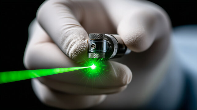 Aesthetic macro shot of a laser welding head emitting a concentrated beam, Fiber Laser Welding, focus on the intense green light fusing two pieces of high-grade alloy, hands in cle