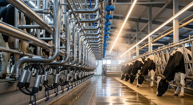 Modern milking facility with cows and advanced machinery  