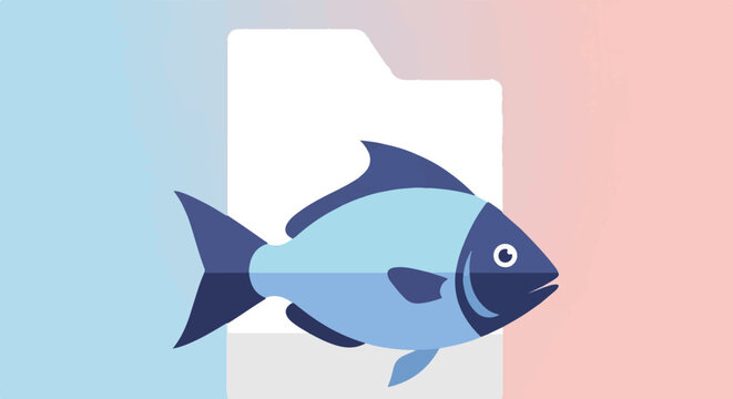 A stylized blue fish swims across a soft gradient background of blue and pink