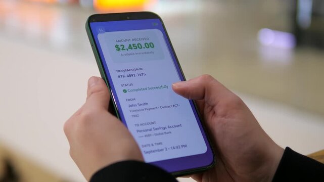 person checking a large 2,450 dollars deposit on phone. Scrolling through digital receipt of a successful freelance contract payment. Ideal for business growth, passive income, and wealth management