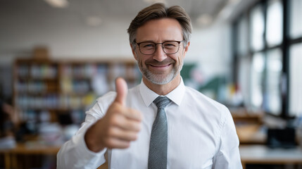 Obraz premium Clean stock-style image of an academic director smiling and giving a thumbs-up inside a classroom, shallow depth of field, soft natural light, desks and books creating an authentic
