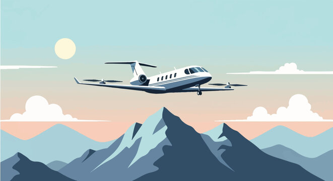 A sleek private jet cruises above a majestic mountain range under a pastel sky