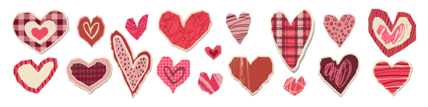 Collage heart elements with hand drawn patterns and doodles. Cute Valentine&rsquo;s Day paper cut&ndash;style decorations symbolizing love and care. Vector set  for scrapbooking, greeting cards, stickers