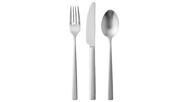 Silver fork knife and spoon isolated PNG, elegant cutlery set for fine dining and restaurant design on transparent background