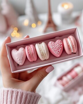 Hand h&auml;lt rosa Macaron-Box mit herzf&ouml;rmigen Macarons und Eiffelturm im Hintergrund