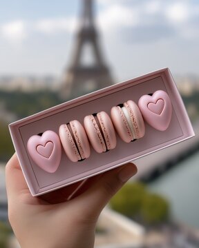 Hand h&auml;lt rosa Macaron-Box mit herzf&ouml;rmigen Macarons und Eiffelturm im Hintergrund