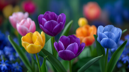 Obraz premium High-detail close-up of colorful tulips fully opened in a lush garden bed, saturated petals catching sunlight, subtle veins and gradients visible, shallow depth of field isolating