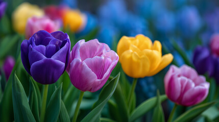 Fototapeta premium High-detail close-up of colorful tulips fully opened in a lush garden bed, saturated petals catching sunlight, subtle veins and gradients visible, shallow depth of field isolating