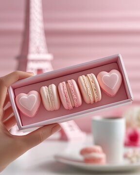 Hand h&auml;lt rosa Macaron-Box mit herzf&ouml;rmigen Macarons und Eiffelturm im Hintergrund