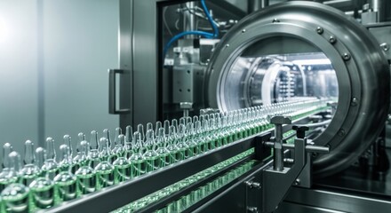 Automated pharmaceutical production line efficiently conveys rows of liquid vaccine vials into a freeze-drying chamber for quality manufacturing