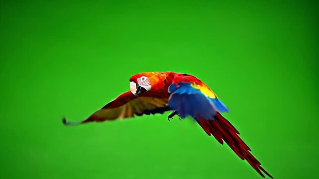 Vibrant green screen bird flying scarlet macaw chroma key footage