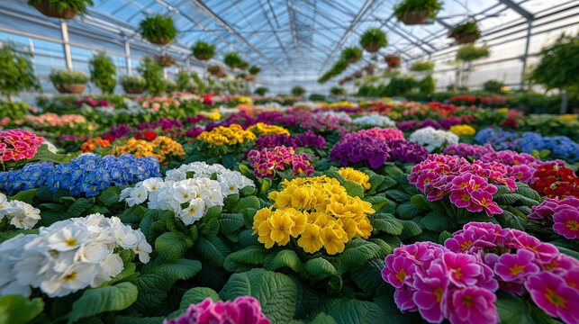 High-angle view of modern greenhouse with colorful flowers planted in rows, pots overhead holding marigolds and lilies, sunlight illuminating petals and casting soft shadows, lush