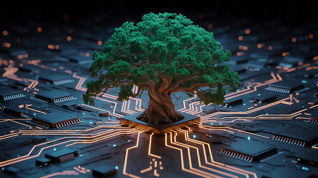 Eco-friendly tree surrounded by industrial elements in isometric style