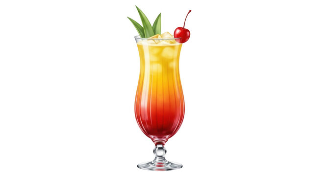 Colorful tequila sunrise cocktail PNG isolated on transparent background, refreshing summer drink with cherry and pineapple garnish