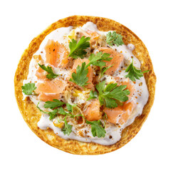 Deliciously prepared meal with salmon and fresh herbs, a culinary delight. A top-down shot of a beautifully presented dish with fresh ingredients. Isolated Transparent Background, PNG