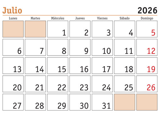 July 2026 spanish Monthly Wall Calendar Template - Modern Minimalist Design