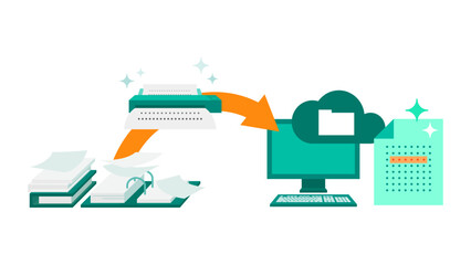 Paperless workflow automation with OCR document processing, business diagram illustrating digital transformation, data flow, scanning, cloud storage, and office efficiency concept