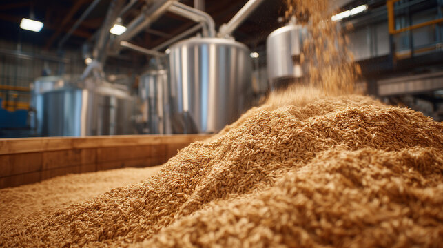Industrial grain milling scene showing freshly ground product spilling from machinery, close-up focus on grain texture, large cylindrical tanks and conveyor belts visible behind, b