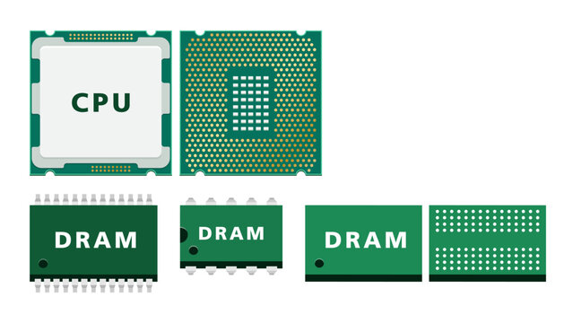 CPU and DRAM Main Memory Explanation Diagram Showing Volatile System Memory Access, Bandwidth and Performance for Beginner Computer Architecture Education