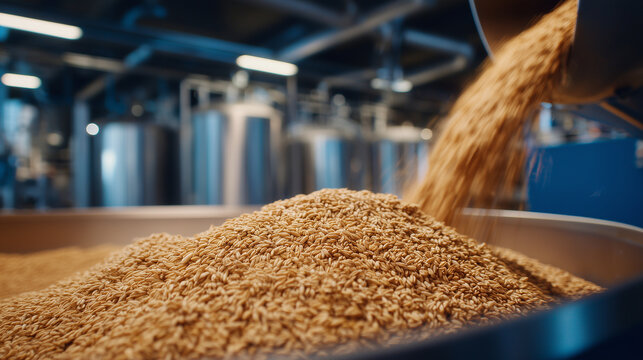 Detailed close-up of milled cereal grain coming out of industrial machinery, large metal tanks and pipes in background softly blurred, factory lighting creating subtle metallic ref