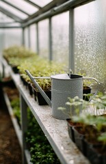 Watering can on greenhouse shelf with seedlings in trays