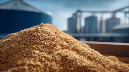 Macro perspective of milled raw grain on industrial equipment, factory tanks and silos blurred in background, soft reflections on metal surfaces, concept of automated cereal produc