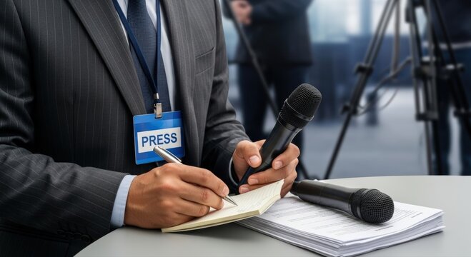 Professional journalist meticulously takes notes and holds a microphone at a formal news conference, expertly capturing engaging details in a press event