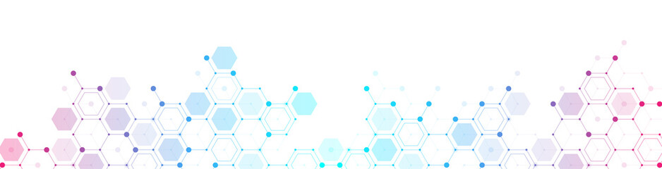 Modern health care or medical background design. Health care innovation concept. Horizontal header web banner. Abstract geometric background with hexagon shapes for medicine, science, chemistry.
