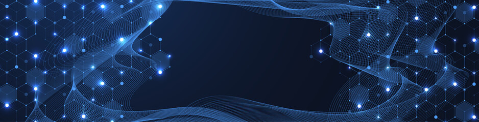 Molecular abstract structure and genetic engineering DNA. Healthcare and medicine background concept. Scientific research background. Wave flow. Innovation pattern, illustration.