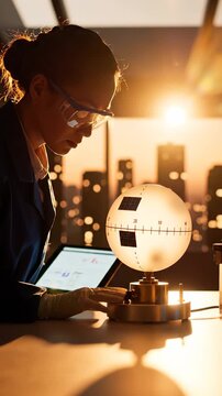 Woman studies solar radiation meter at sunset with laptop near city skyline. Scientist examines meter device with solar data. Woman analyzes radiation meter at sunset. Solar research with meter device