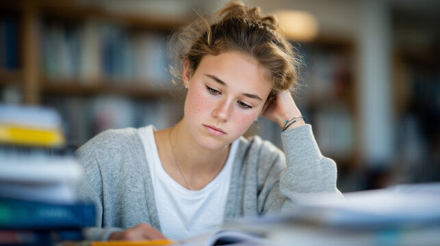 Medium-close-up of a student looking down at her homework with worry, stacks of books around her desk, open notebooks and pencil marks, visualizing difficulty with studying and aca