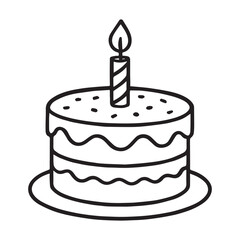 Birthday Cake with Candle Line Art Icon, Simple Black and White Outline Illustration