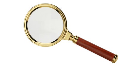 Magnifying glass with golden frame and wooden handle isolated PNG, vintage style search tool for reading and investigation on transparent background