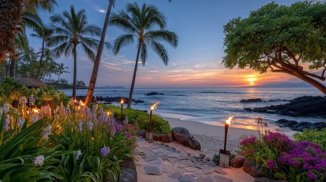 Hawaii beach resort at sunset with burning fire torches lining the sand, soft golden-orange sky reflected on ocean waves, Hawaiian-themed lights glowing around palm trees, cozy tro