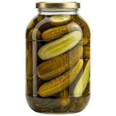Glass jar of whole pickled cucumbers and slices with dill, preserved vegetables, isolated PNG with Transparent Background