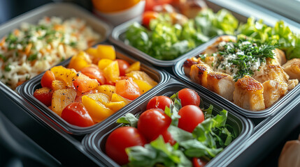 Gourmet meal box with vibrant fruits and fresh greens, perfect for a nutritious in-flight dining experience