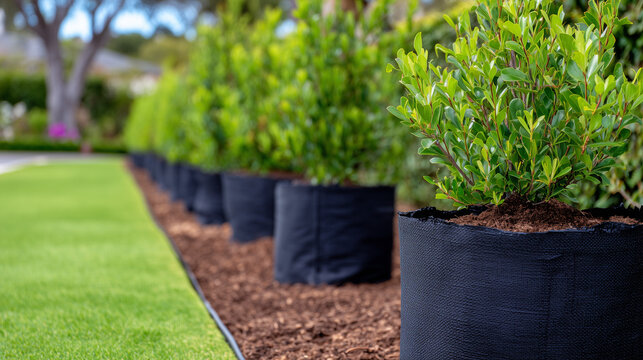 Artistic close-up of a row of evergreen saplings in black nursery bags, mulch and soil detail around each base, green grass edging the planting area, sunlight creating gentle highl