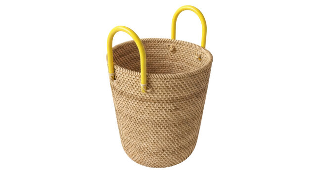 Woven rattan basket with yellow handles isolated PNG, decorative storage container for home organization and gift presentation