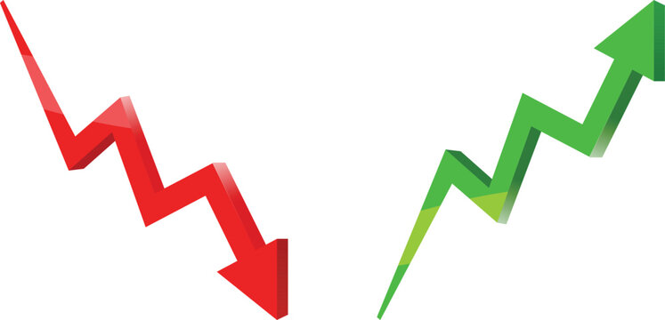Red downward trending arrow and green upward trending arrow on indicating contrasting stock market or graph movements eps vector
