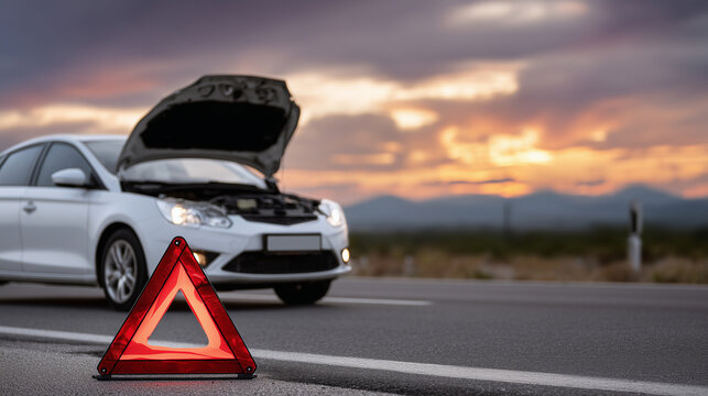 Car broken down on roadside at sunset, hood open, red warning triangle placed in front, vehicle lights glowing on empty asphalt highway, warm sunset sky reflecting off car, scene i