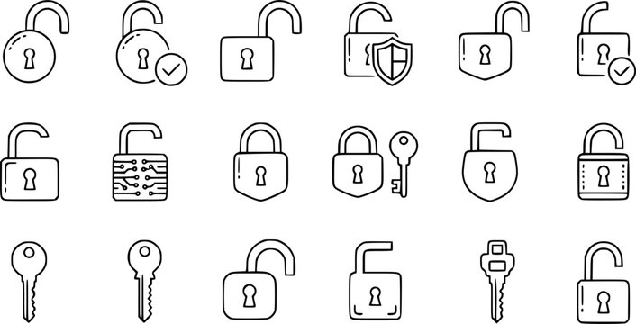 Vector set of padlock and key line icons. Security access symbols. Protection and privacy sign. Minimalist lock collection. Safe password. Safety system element. Digital encryption.