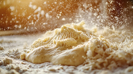 Obraz premium Close-Up of Dough with Flour Dust in Warm Light for Cooking Scenes