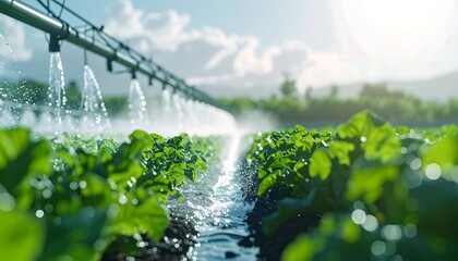 Agricultural Irrigation: A vibrant agricultural scene of verdant rows being precisely and efficiently watered through a sophisticated irrigation system under a bright, sunny sky.