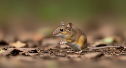 Tiny woodland mouse with curious gaze, standing on forest floor