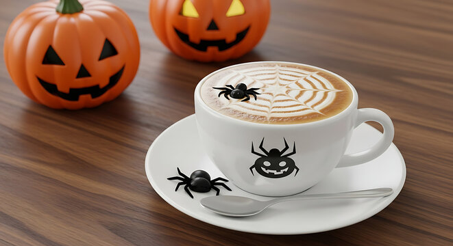 A Halloween-themed coffee cup with a spider web design and jack-o-lanterns on a wooden table